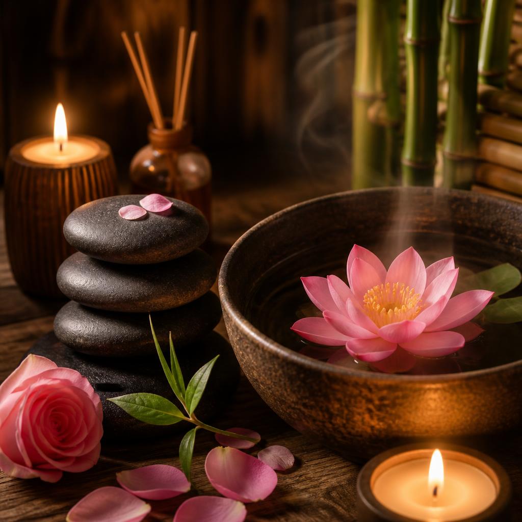 Pink lotus, zen stones and candles